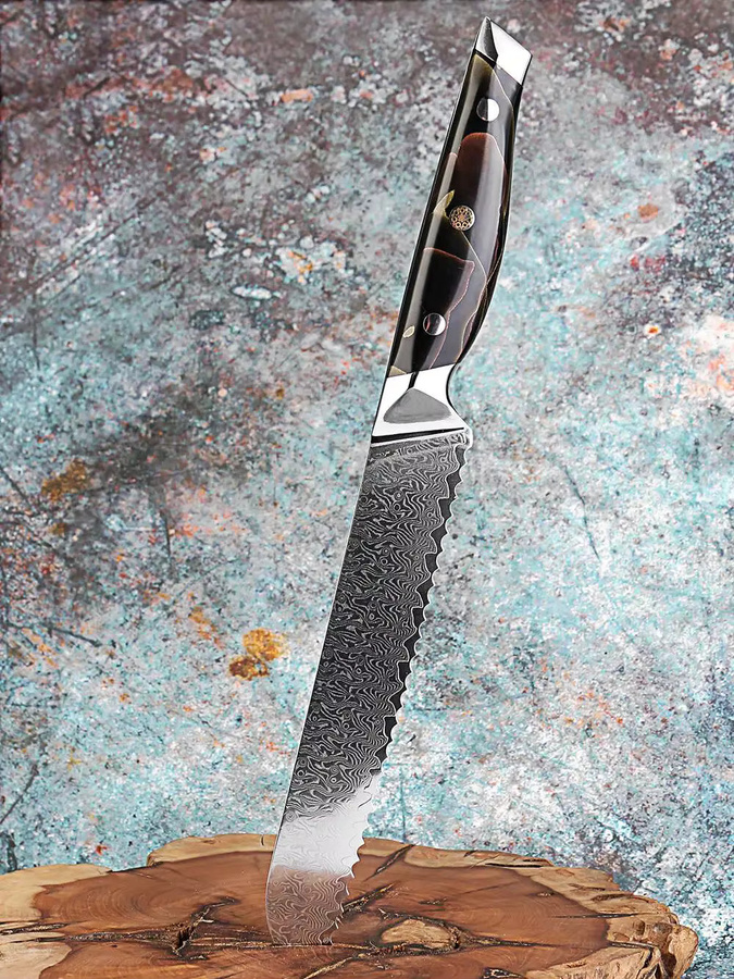 Xituo Brotmesser aus Damaststahl mit gezahnter Klinge, Farbe Gold/Multicolor, Griff aus Kupfer und Platinharz, Länge: 20,32 cm - Bild 4