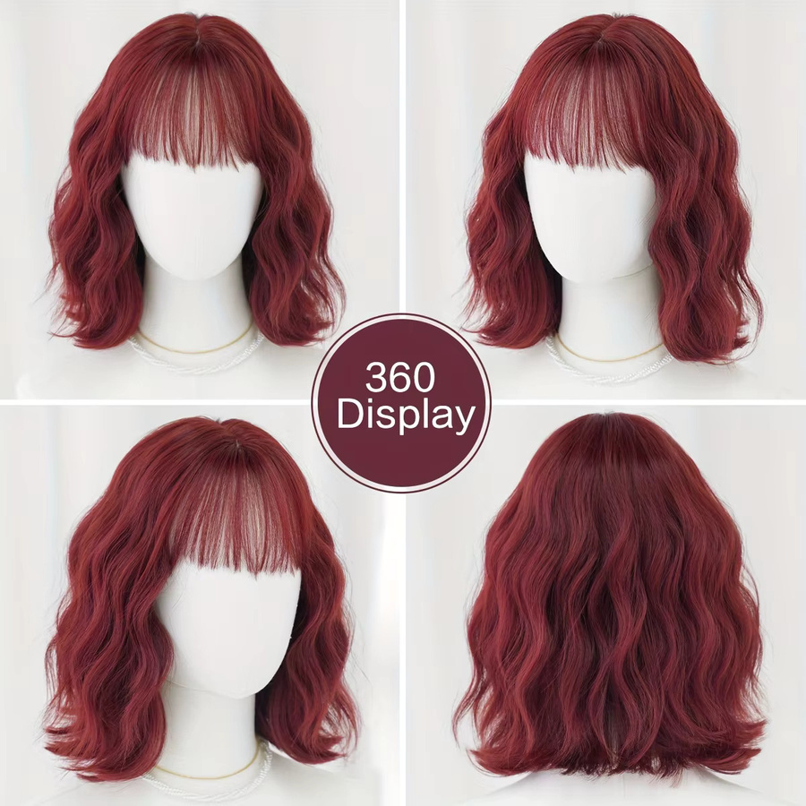 7JHH WIGS Bob-Perücke, weinrot, kurz, wasserwellig, mit Pony, Damen - Bild 2