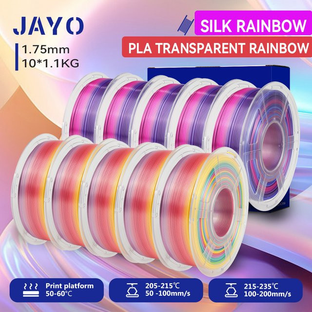 JAYO 10 Rollen 3D PLA Filament Silk Rainbow Transparent Multicolour 1,75 mm für FDM Drucker - Bild 1
