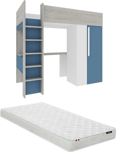 Vente-unique Hochbett Nicolas für Kinder in Blau und Weiß, B/T/H: 90 x 200 x 205,2 cm - Bild 1