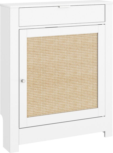 HOMCOM Heizkörperverkleidung mit Klapptür und Rattan im Boho-Design, Heizkörperabdeckung aus MDF in Weiß, B: 78 cm, T: 19 cm, H: 95,5 cm - Bild 1