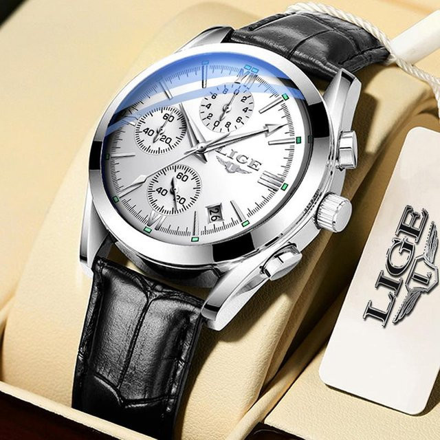 LIGE Sport-Chronograph-Armbanduhr, Quarz, Leder, Weiß/Silber, Herren - Bild 1