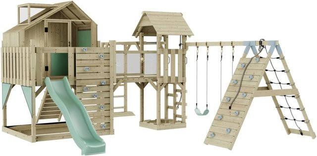 OutdoorToys Spielturm Milo mit Kinderschaukel in Mintgrün aus Holz und verzinktem Stahl - Bild 1