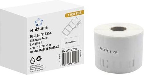 Renkforce Etikettenrolle Weiß aus Papier, kompatibel mit DYMO 11354 und S0722540, 1000 Stück, permanent haftend, Breite: 57 mm, Höhe: 32 mm - Bild 1