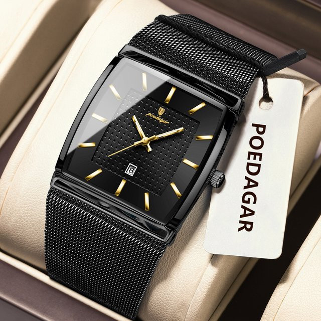 POEDAGAR Armbanduhr Quarz, Edelstahl, Schwarz, Silber, Herren - Bild 1