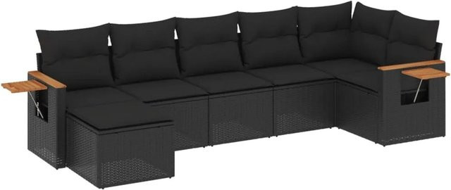 vidaXL 7-teilige Garten-Sofagarnitur in L-Form aus schwarzem Poly-Rattan mit Kissen und Akazienholz - Bild 1