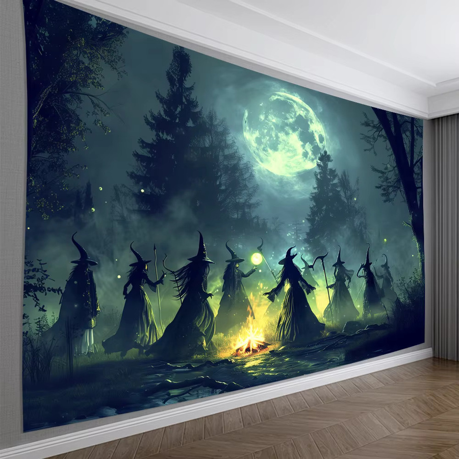 VIKAMA Magischer Wandteppich Hexe Nacht Sammeln mit Vollmond für Halloween und Gothic Raumdekoration, Mehrfarbig, B/H: 60 x 40 cm - Bild 2