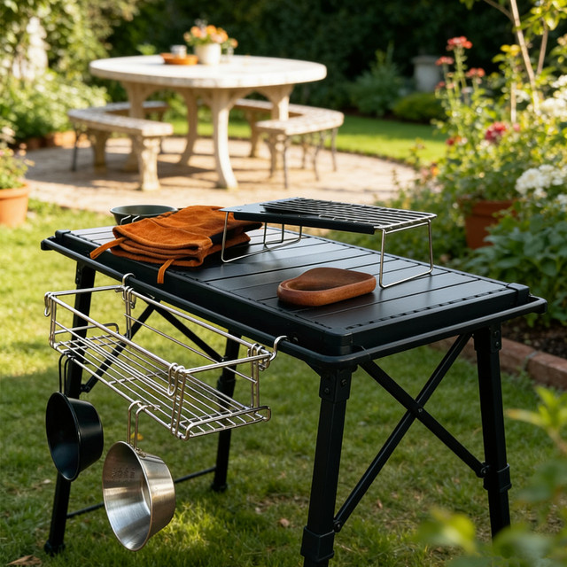 CLS Outdoor Seitenstauraum-Gestell aus Edelstahl in Silber als klappbare Tisch-Erweiterungshalterung für Camping und BBQ - Bild 1