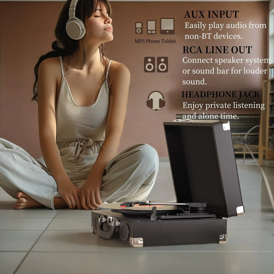 Maio S100 Riemengetriebenes Vintage-Grammophon in Schwarz mit eingebautem Lautsprecher und 3 Geschwindigkeiten für High-Fidelity-Stereo - Bild 4