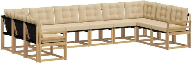 vidaXL Outdoor-Sofagarnitur in U-Form aus Akazienholz mit Textilene und Kissen, Weiß und Beige - Bild 1