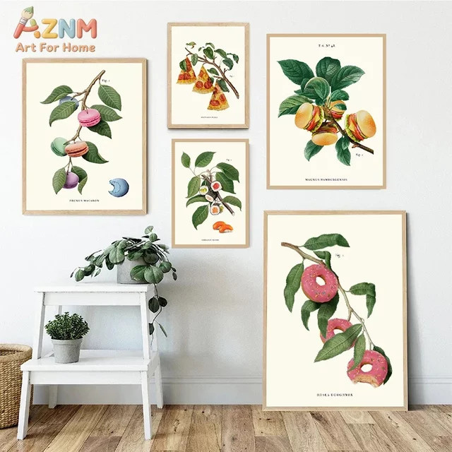 AZNM Vintage Wandkunst auf Leinwand mit Lebensmittel-Motiven wie Macaron, Donut, Pizza und Burger in Mehrfarbig - Bild 1