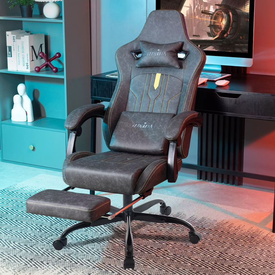 Ergonomischer SUKIDA Gaming-Stuhl in Beige mit Fußstütze, Kopfstütze und Lordosenstütze aus Kunstleder - Bild 5
