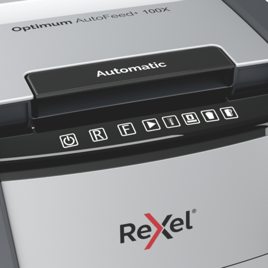Rexel Optimum AutoFeed+ 100X Aktenvernichter in Schwarz und Grau mit Partikelschnitt 4 x 28 mm, 100 Blatt Schnittleistung und 34 l Fassungsvermögen - Bild 4