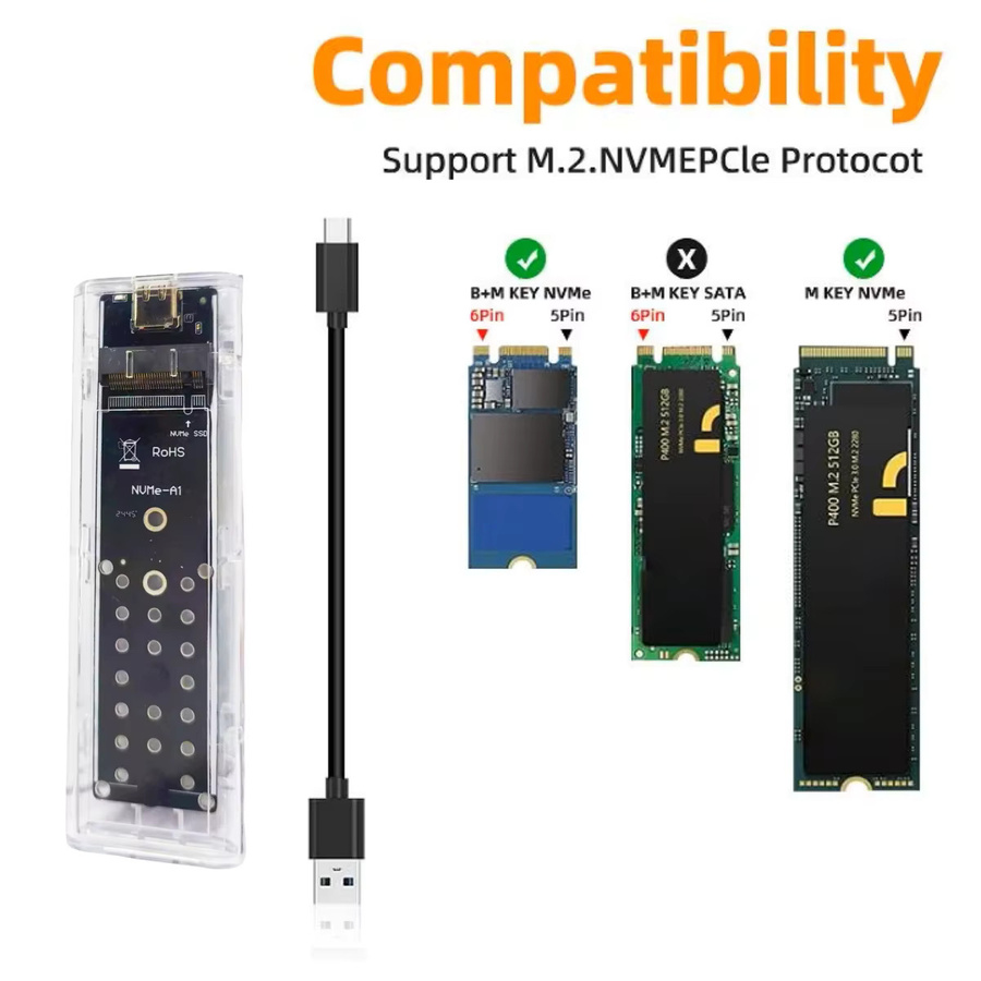 Transparentes M.2 NVMe PCIe SSD-Gehäuse mit USB-C Anschluss für externe Festplatten - Bild 4