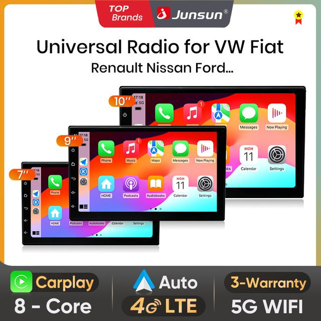 Junsun Universal Autoradio mit kabellosem CarPlay und Android Auto, 7 bis 10 Zoll IPS Touchscreen, 4G WiFi, GPS, Bluetooth und DSP, Schwarz - Bild 1