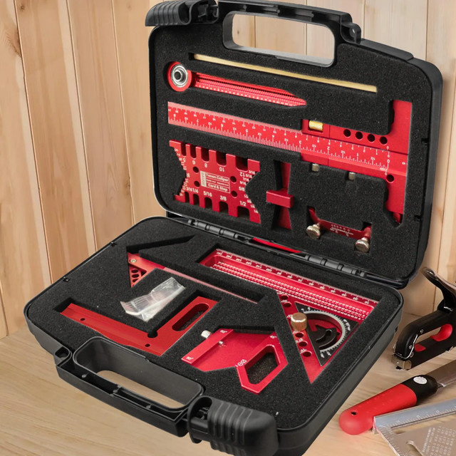 FNICEL 9-teiliges Holzbearbeitungs-Set mit Box inklusive Aluminium-Anreißlineal, Mittelsucher, Zeichenkompass und Höhenmesser - Bild 1