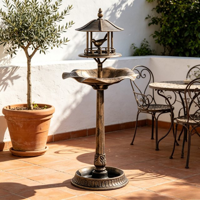 Vogelbad im Retro-Stil als Vogelbrunnen mit Messingfinish in Gold und Grün, B/T/H: 50 x 50 x 113 cm - Bild 1