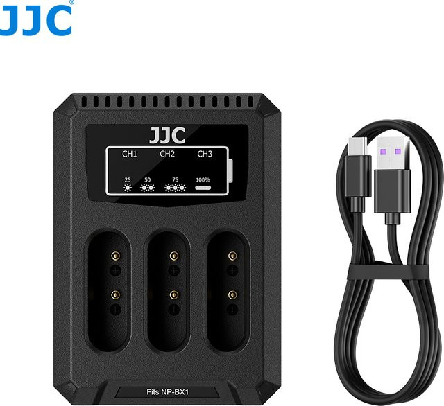 JJC NP-BX1 Akkuladegerät USB Dreifach-Ladestation für Sony ZV-1F ZV1F ZV-1 II ZV-1 ZV1 RX100 VII VI VA V IV III II HX80 HX90 HX90V HX99 in Schwarz - Bild 1