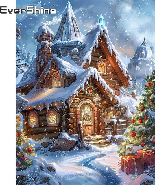 EverShine Diamantmalerei DIY Winterlandschaft mit Haus als runde Mosaik-Stickerei in Multicolour - Bild 1