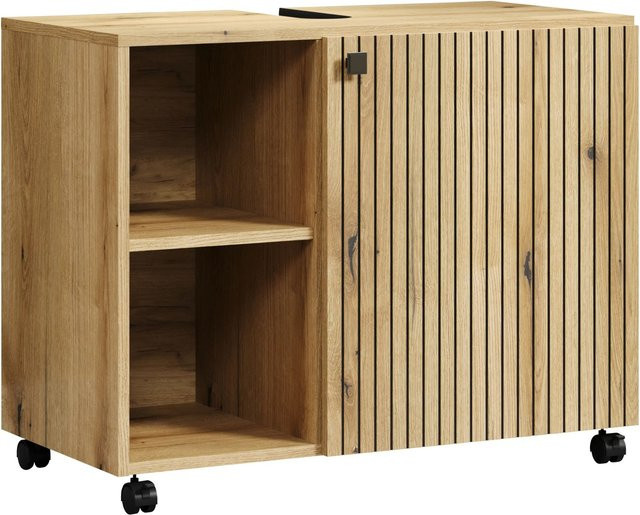 Trendteam Waschbeckenunterschrank Pure Bliss in Eiche Nachbildung mit Akustikpaneeloptik und Rollen, Schwarz, B/H/T: 80 x 64 x 42 cm - Bild 1