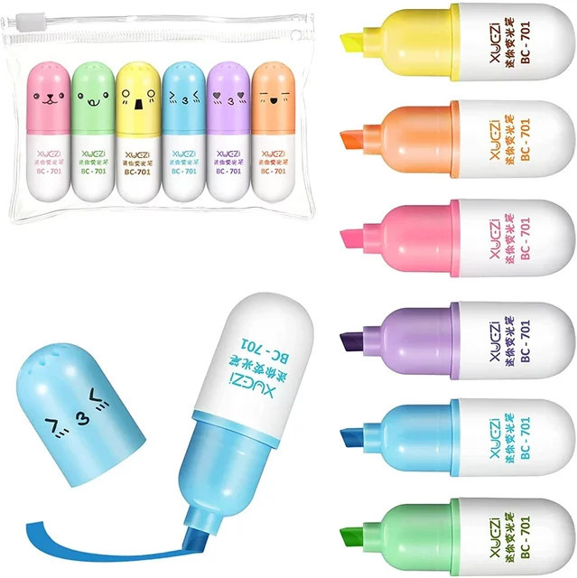 6er Set Kawaii Mini Pillen Textmarker mit lächelndem Gesicht, bunte fluoreszierende Marker für Schule und Büro - Bild 1