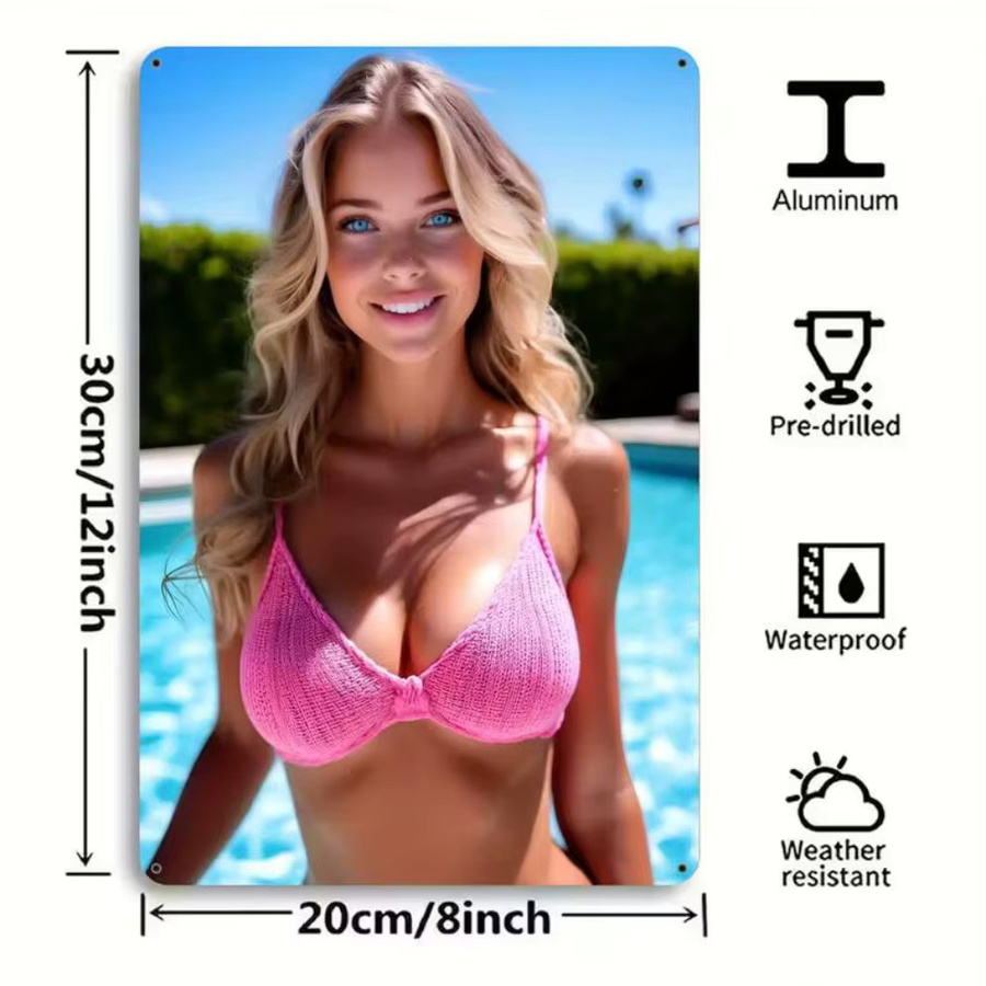 HELLOYOUNG Retro Bikini Wandkunst aus Metall in Pink, Weiß und Rot, B/H: 20,3 x 30,5 cm - Bild 2