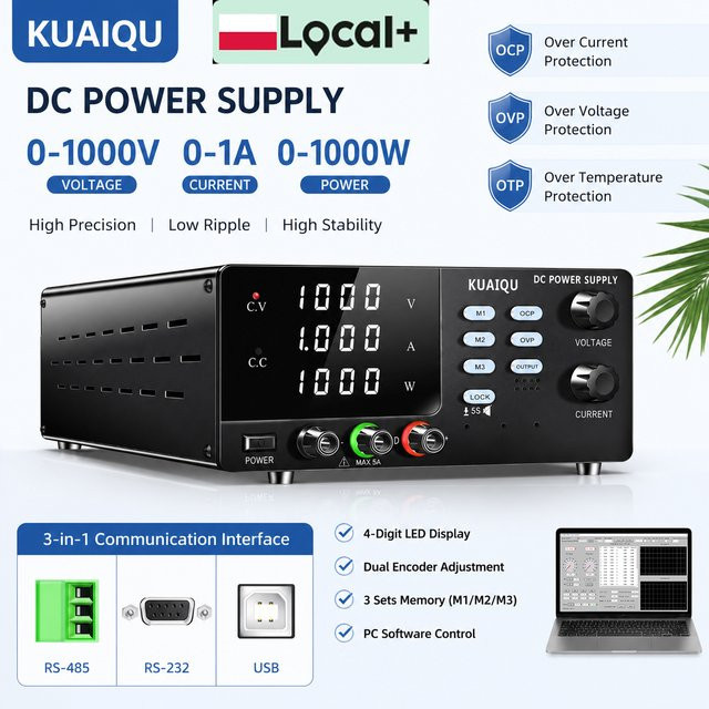 KUAIQU Einstellbares Labor-Gleichstromnetzteil Schwarz mit RS-485, RS-232 und USB-Anschluss (0-1000V, 0-1A, 0-1000W) - Bild 1