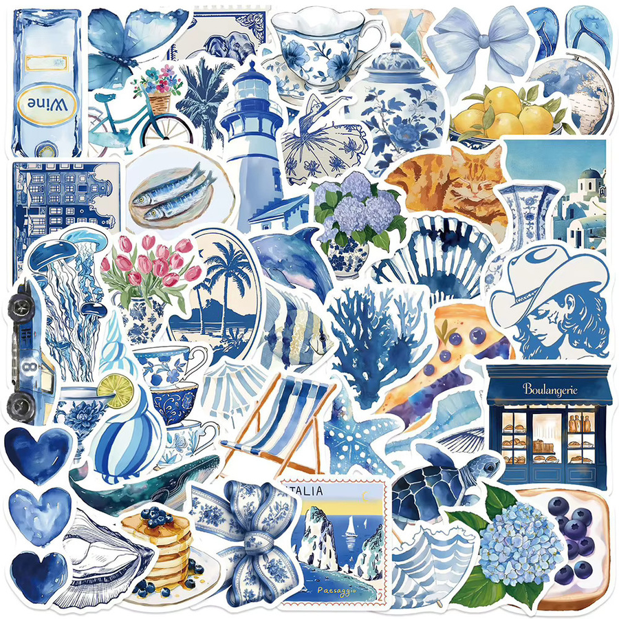 Charile Ästhetische Mittelmeer Aufkleber in Blau, Wasserdichte Cartoon Aufkleber für Scrapbooking und DIY-Projekte - Bild 2