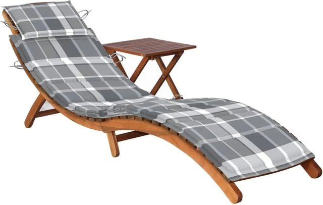 vidaXL Sonnenliege aus Akazien-Massivholz mit Tisch und wetterfester Auflage in Grau, B/T/H: 184 x 55 x 64 cm - Bild 1