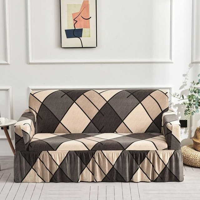 Sofabezug Sofarock mit geometrischem Print, elastischer Stretch-Überwurf für die Couch in Beige, Small (90-140 cm) - Bild 1