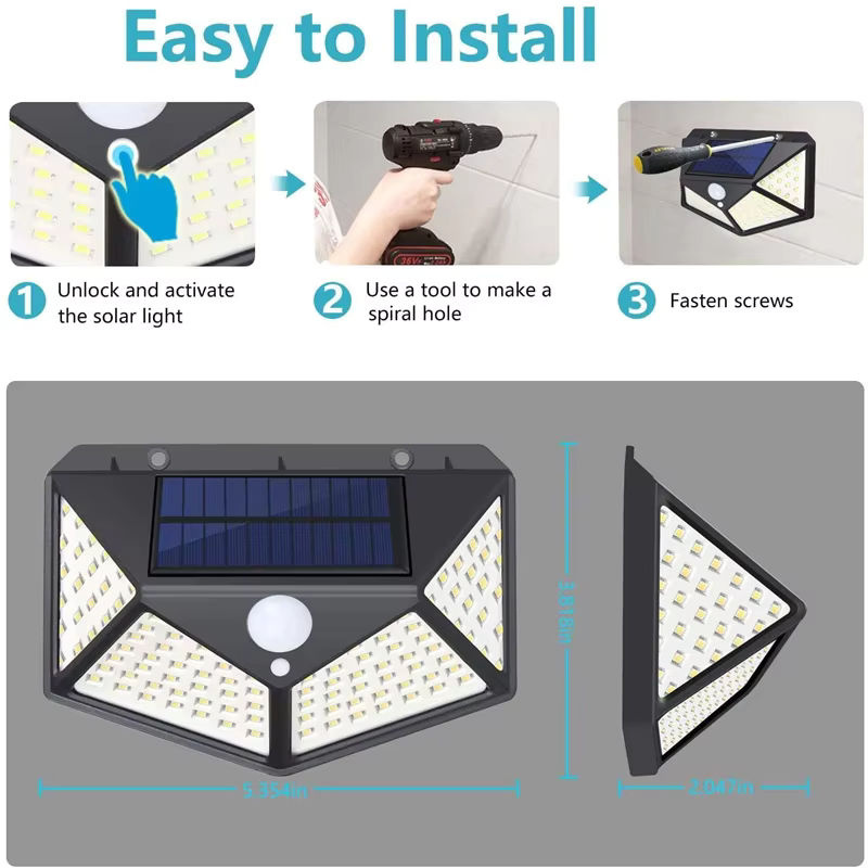 Solarleuchten für den Außenbereich mit 100 LEDs und Bewegungsmelder, wasserdichte Solar-Wandleuchte in Schwarz für Garten, Veranda und Garage - Bild 3