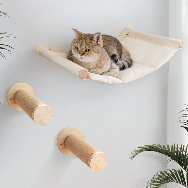 3-teiliges Katzen-Wandhängematten-Set aus Holz mit 2 Kratzbäumen und Kletterregal für den Innenbereich - Bild 1