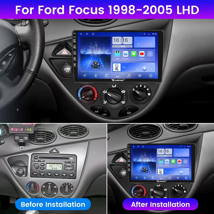KUNFINE Android Autoradio für Ford Focus 1998-2005, 2Din Octa-Core GPS-Navigationssystem mit IPS-Bildschirm, Carplay und Android Auto, Schwarz - Bild 2