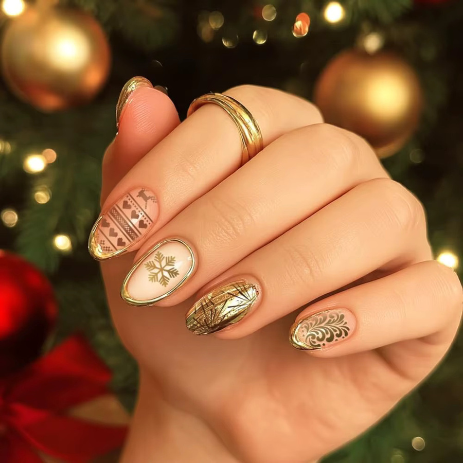 3er Set Weihnachts Nagelstempel Platten mit Motiven wie Schneeflocken, Tannenbaum, Weihnachtsmann und Glocken aus Metall - Bild 4