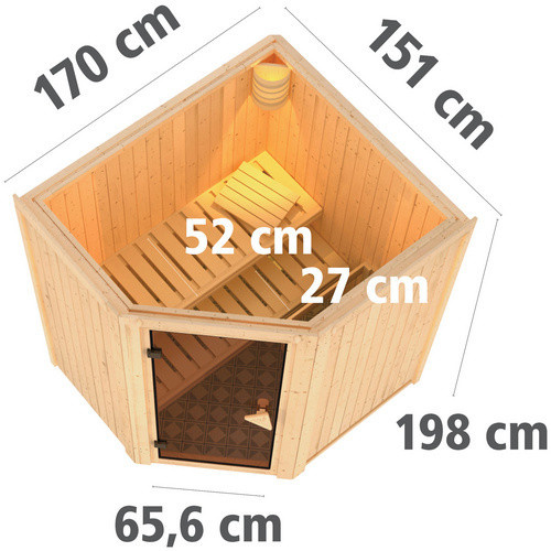Karibu Sauna Tuckum in Beige mit 3.6 kW Saunaofen und externer Steuerung für 3 Personen, Fichte - Bild 1