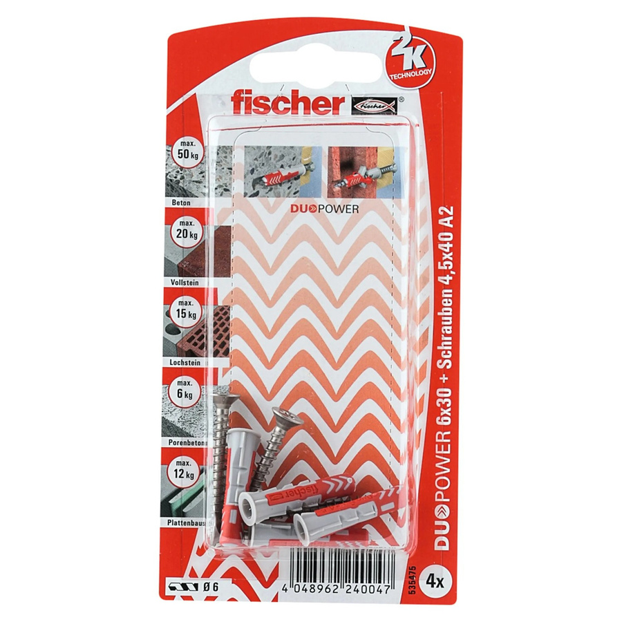 Fischer DuoPower Dübel mit Schrauben Set, Durchmesser: 6 mm, Länge: 30 mm, Farbe: Grau/Rot, Material: Nylon, 4 Stück - Bild 2