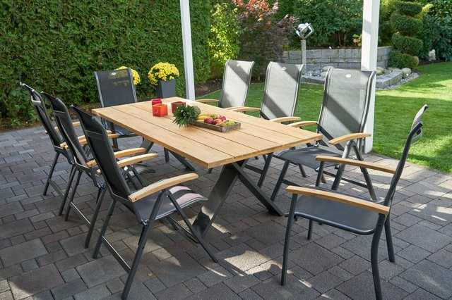 Hartman Xanadu Alice Garten-Essgruppe aus Aluminium und Teakholz in Xerix/Schwarz mit 2 Stapelsesseln und 6 Klappstühlen, B/T/H: 220 x 100 x 75 cm - Bild 1