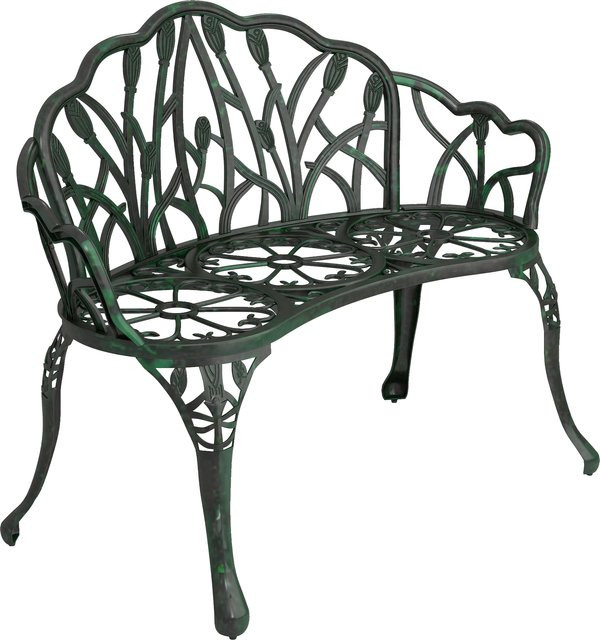 Outsunny Gartenbank aus Aluminiumguss, 2-Sitzer Außenbank mit Tulpen-Rückenlehne und floralem Design, antikgrün, B/T/H: 99 x 57 x 78 cm - Bild 1
