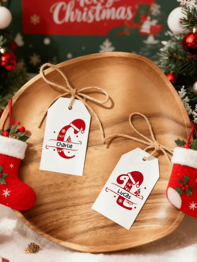 Personalisierte Weihnachtsgeschenkanhänger aus weißem Papier mit Namen und Buchstaben, rechteckig und minimalistisch gestaltet - Bild 4