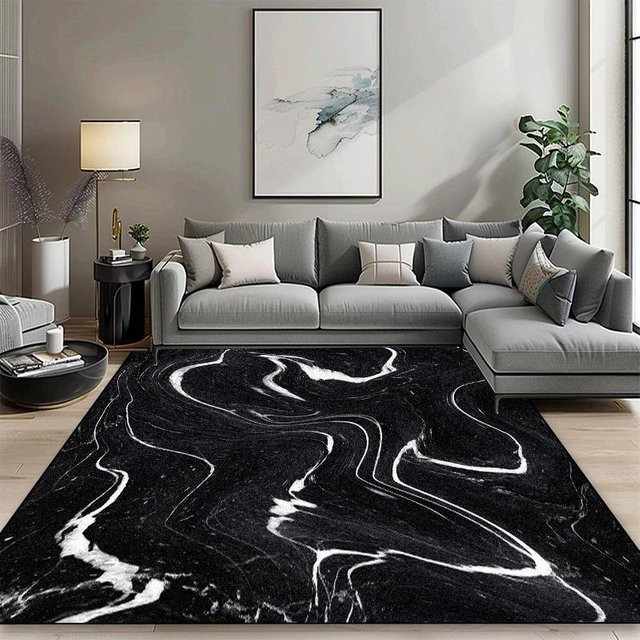 Karpetti Geometrischer Teppich Modern Schwarz, Waschbar und Rutschfest, B/T: 200 x 300 cm - Bild 1