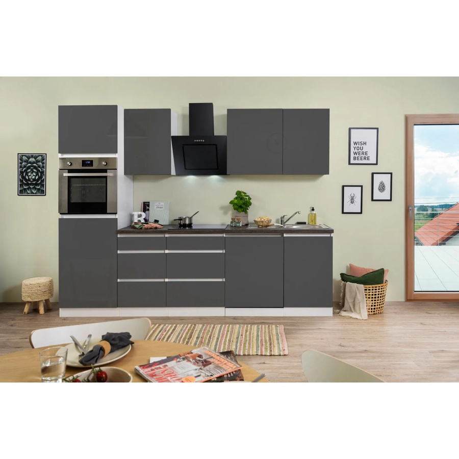 Respekta Küchenzeile modern in Grau und Weiß Hochglanz mit Granit-Optik, Breite: 280 cm, Tiefe: 60 cm, Höhe: 220,5 cm - Bild 2