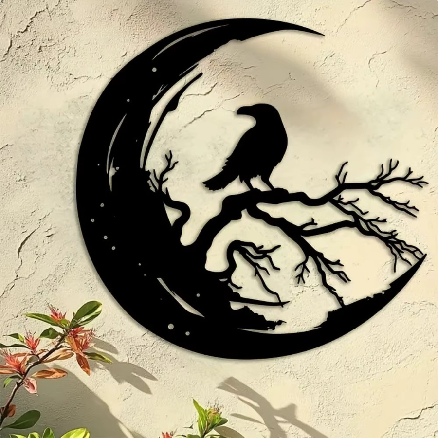 CIFBUY Raven Moon Metall-Wandkunst, gotische Aluminiumskulptur in Schwarz, Durchmesser: 40 cm - Bild 3