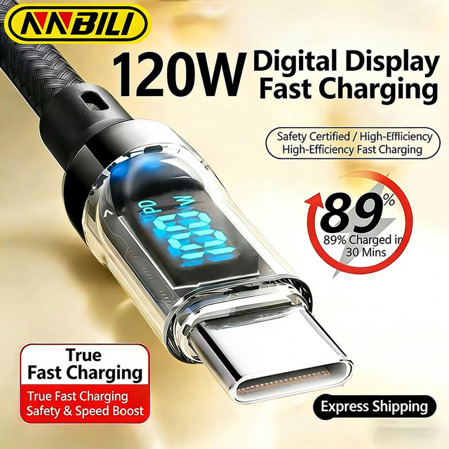 NNBILI USB-C-auf-Typ-C-Kabel mit 120W LED-Watt-Display in Schwarz für schnelles Laden und Datenübertragung, kompatibel mit Huawei und iPhone 14 13 11 - Bild 1