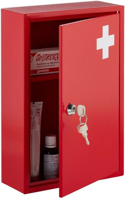 Relaxdays Medizinschrank aus Eisen in Rot und Weiß, abschließbar, B/T/H: 32 x 21,5 x 9,5 cm - Bild 1
