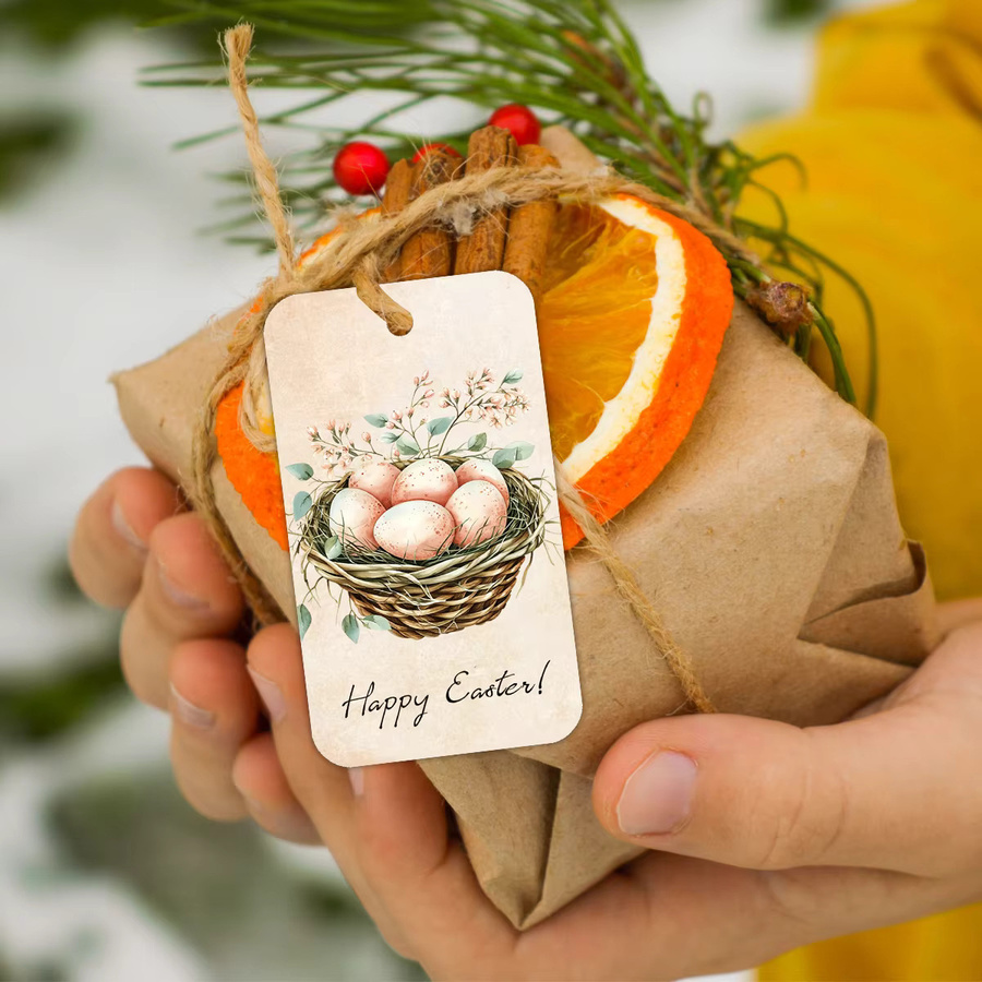 50 Stück Oster-Geschenkanhänger aus Kraftpapier mit Hanfseil und bunten Ostermotiven wie Hasen, Eiern und Küken zur Dekoration von Körben und Blumensträußen - Bild 2