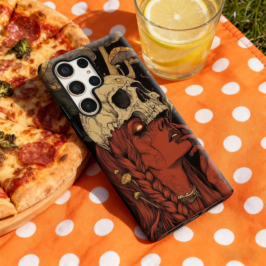 Potdemiel Halloween Handyhülle mit Totenkopf- und Pilzmotiv für Samsung Galaxy S25 Ultra, S24 und S23 Ultra Plus, glänzende doppellagige Rückseite, Multicolor - Bild 4