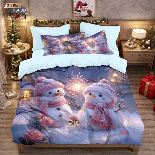 3-teiliges Weihnachtsbettwäsche-Set mit Schneemann-Print, Farbe Weiß, B/H: 135 x 200 cm - Bild 1