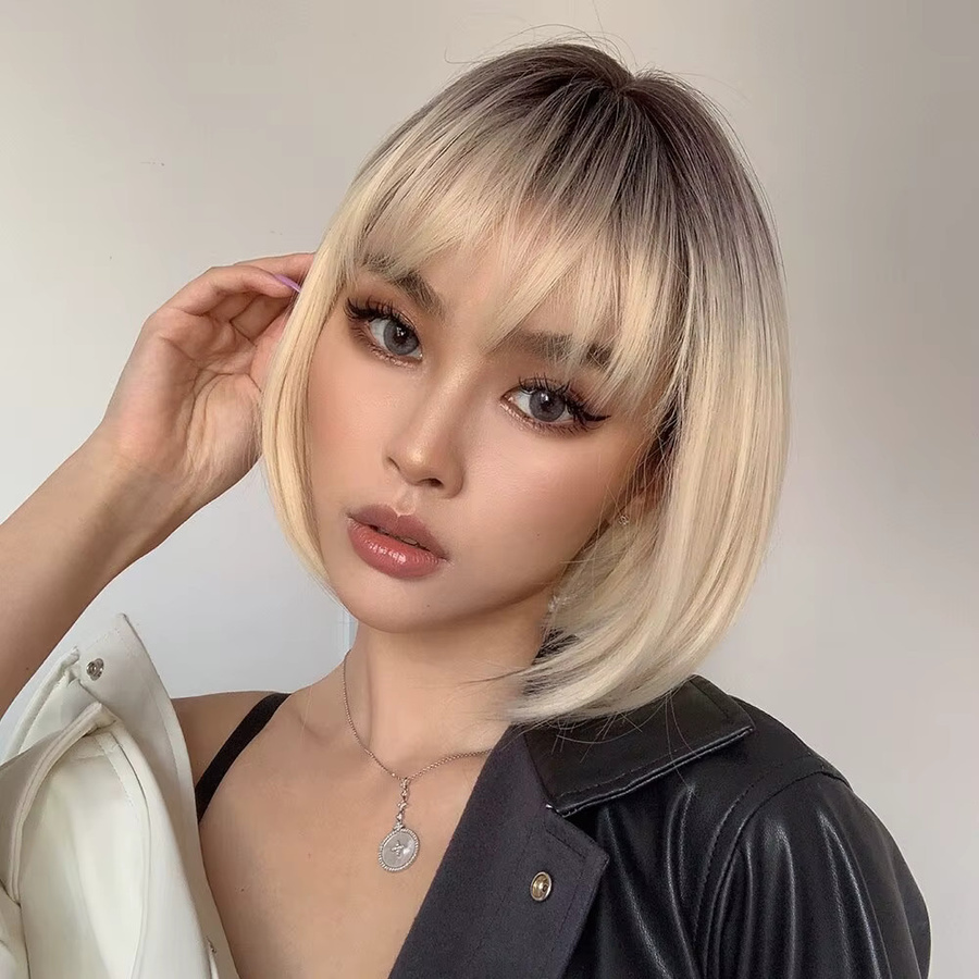 HAIRCUBE Perücke, platinblonder Ombre-Bob mit Pony, kurz, glatt, Damen - Bild 2