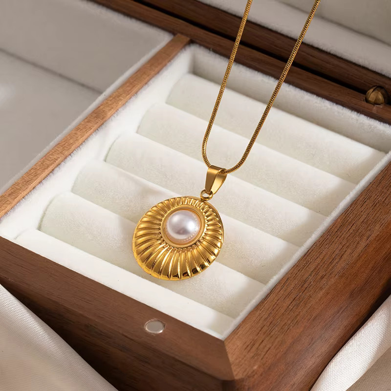 ANENJERY Halskette, Edelstahl, Perle, Gold, Damen, Vintage - Bild 2