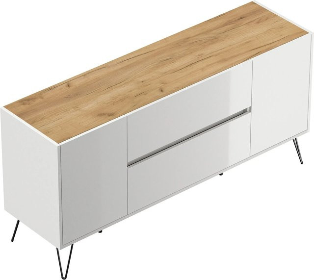 Posseik Sideboard Industrial mit 2 Schubladen und 2 Türen in Weiß und Eiche, Breite: 155 cm - Bild 1